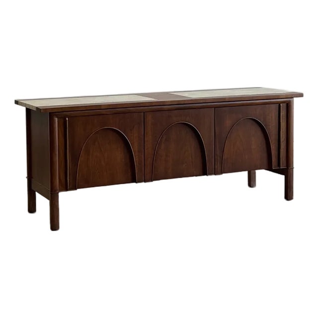1960s Arched Walnut Credenza With Stone Inlay Top For Sale