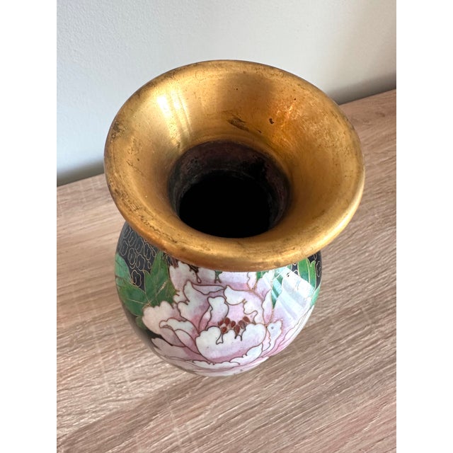 Vintage Chinese Black Cloisonné Enamel Peony & Butterfly Vase, 8" For Sale - Image 11 of 13