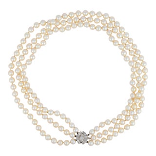 Vintage Pearl Diamond 14k White Gold 3 Strand Necklace For Sale