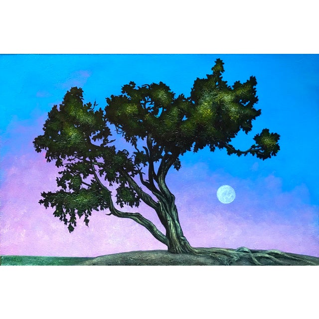 In "Moongazer," a solitary tree stands against a gradient sky transitioning from soft pink to deep blue, illuminated by a...