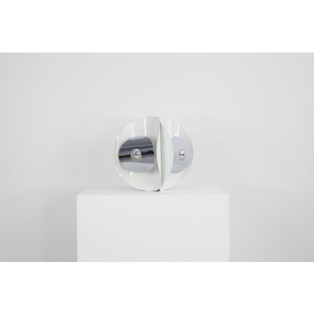 Italian Space Age Hanging Lamp Amp with White Painted Metal & Chrome Shields, 1970s, in Good conditions. Designed 1970 to...