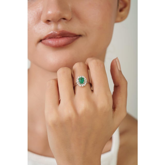 Green Natural Emerald Pear Diamond Halo Art Deco Ring Size 4 in 14k White Gold For Sale - Image 8 of 16