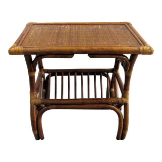 1970s Rattan and Woven Wicker Magazine Rack End Table For Sale