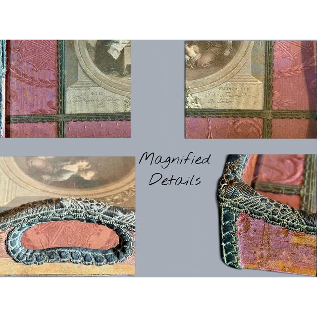 Textile Antique French Silk Serving Tray-Hand Colored Stipple Engraving-Fragonard-Vanity For Sale - Image 7 of 11