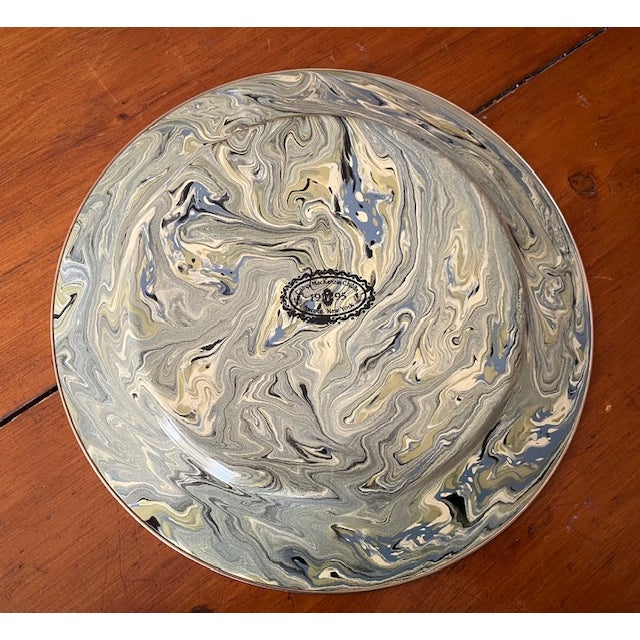 Metal S/6 Vintage Mackenzie Childs Enamel Marble Patterned Chargers/Dinner Plates For Sale - Image 7 of 7