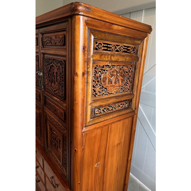 Brown Antique Chinese Carved Wooden Wedding Cabinet For Sale - Image 8 of 18