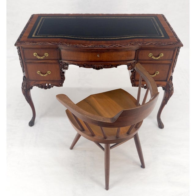 Carved Mahogany Embossed Black Leather Top Petit Compact 5 Drawers Desk MINT For Sale - Image 14 of 14
