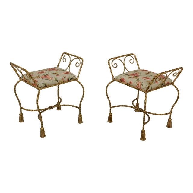Pair Italian Rope Twist Corda Gold Iron Benches For Sale