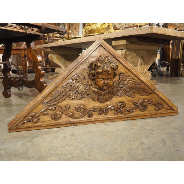 French 18th Century French Carved Oak Overdoor Pediment With Winged Cherub For Sale - Image 3 of 18