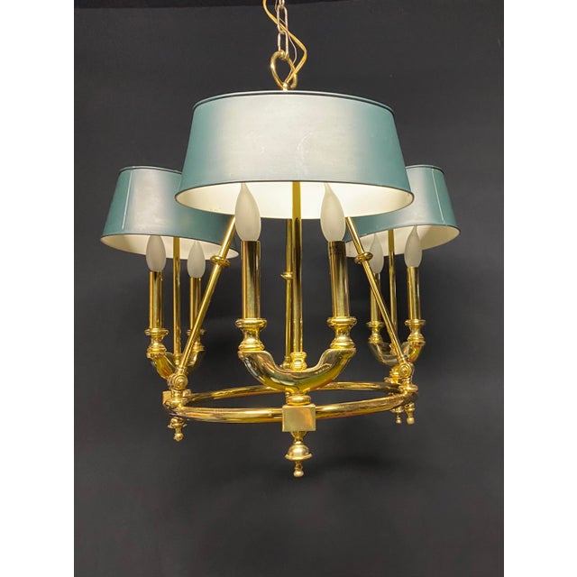 1980s Bouillotte Style Brass 3 Arm Chandelier With Green Tole Shades by Lightolier For Sale - Image 16 of 16