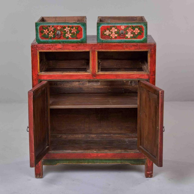 Pair of 19th Century Chinese Gansu Red-Painted Cabinets With Polychrome Floral Decoration For Sale - Image 9 of 13