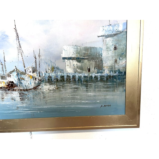 Blue Original Oil Painting by K. Basset | Seascape Harbor Scene | Vintage Maritime Art For Sale - Image 8 of 10