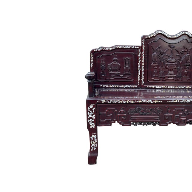 Chinese Chinese Red Rosewood & Mother of Pearl Bench For Sale - Image 3 of 12