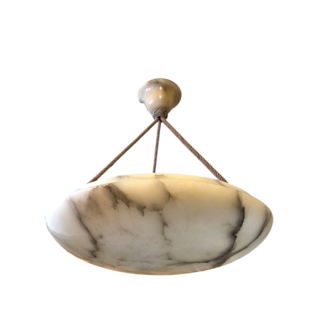 White -1930's Large Original Creamy White + Grey Alabaster Coupe W/ Rope Cord and Alabaster Canopy For Sale - Image 8 of 18