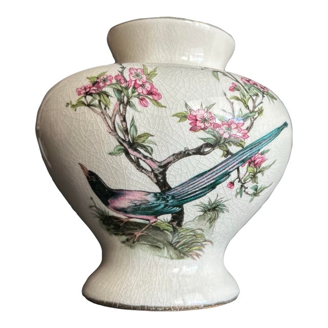 Vintage 1900s Chinoiserie Bird & Pink Flowering Bush Round Porcelain Vase For Sale