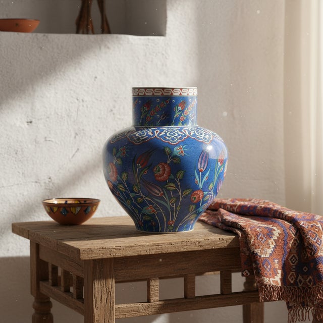 2020s Handmade Ceramic Large Iznik Vase (Monumental Size) Cobalt Blue Background Floral For Sale - Image 5 of 8