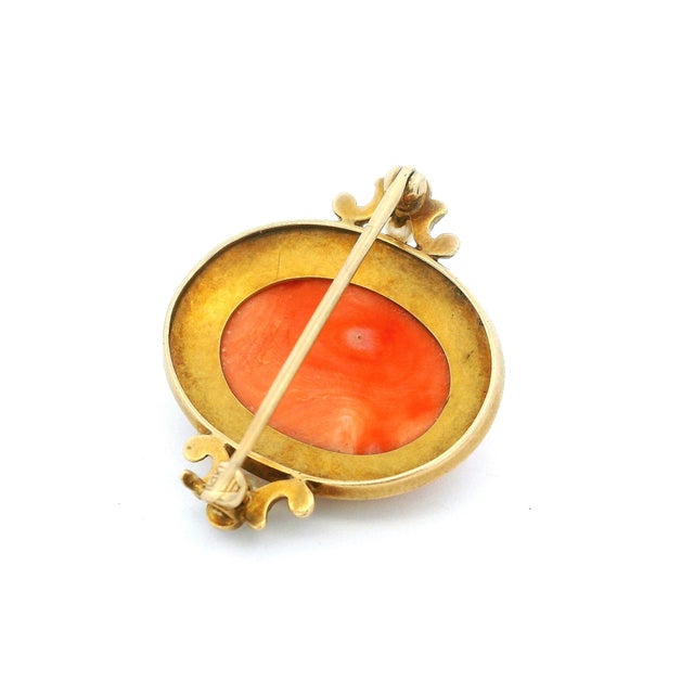 Orange Late 19th Century Victorian Hand-Carved Mediterranean Coral Cameo Brooch in 14k Gold With Seed Pearls For Sale - Image 8 of 13