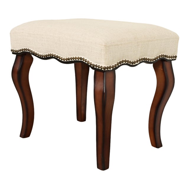 Baker Furniture Style French Provincial Louis XV Carved Mahogany Upholstered Stool or Ottoman For Sale