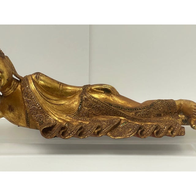 Hand Carved Giltwood Reclining Buddha on Custom Lucite Base For Sale - Image 4 of 11