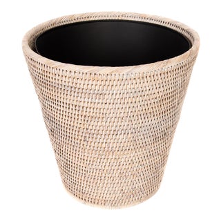 Artifacts Rattan Round Tapered Waste Basket with Metal Liner in White Wash - 12" For Sale