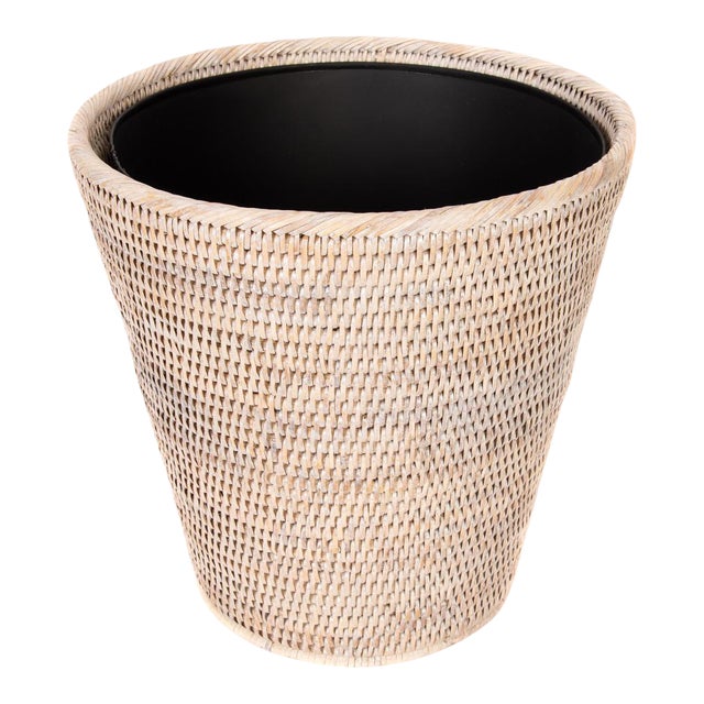 Artifacts Rattan Round Tapered Waste Basket with Metal Liner in White Wash - 12" For Sale