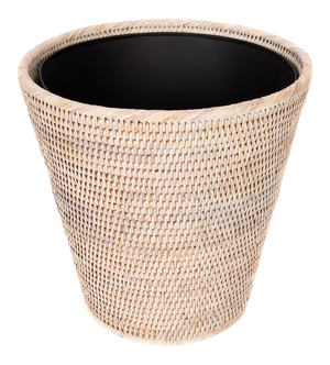 Artifacts Rattan Round Tapered Waste Basket with Metal Liner in White Wash - 12"