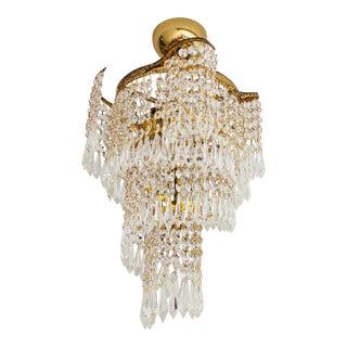 1960s French Style Custom Designed Crystal Waterfall Flush Mount Chandelier – 1 Light For Sale