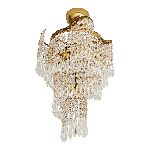 1960s French Style Custom Designed Crystal Waterfall Flush Mount Chandelier – 1 Light For Sale
