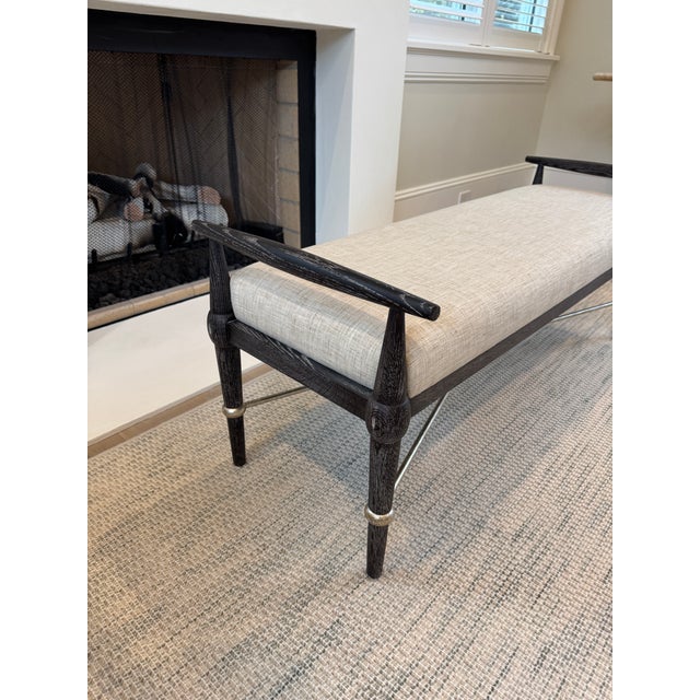 Mid-Century Modern Currey & Company Perrin Black Bench in Finn Natural Fabric For Sale - Image 3 of 12