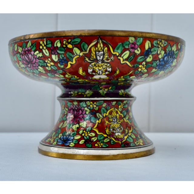 Red Vtg. Thia Benjarong Enamel Painted Ceramic Bowl W/Brass Rim For Sale - Image 8 of 18