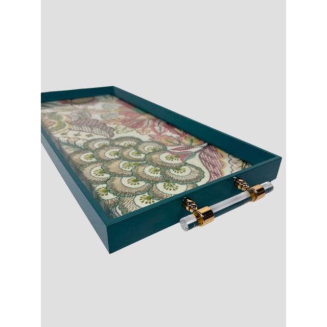 Lee Jofa Custom Tray Lee Jofa Embroidered Linen Teal For Sale - Image 4 of 11