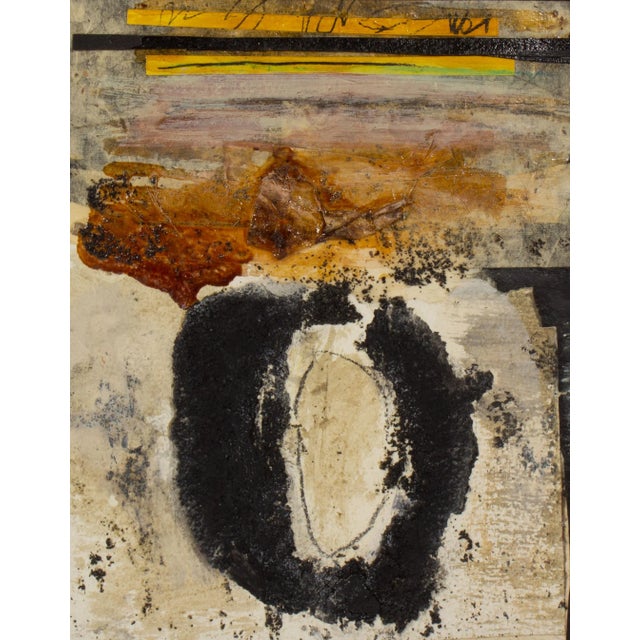 A 2005 mixed media painting and collage on board titled Asuka 3 by American artist Juliet Holland (1937-2017). Sand and...