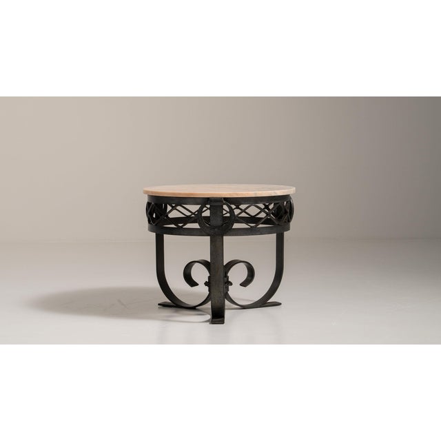 Metal 1920-1929 France Warm White Marble Wrought Iron Scroll-Base Table For Sale - Image 7 of 11