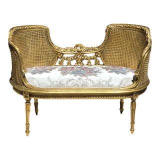 French Style Upholstered Bench – White Damask Fabric With Ornate Gold Leaf Frame For Sale