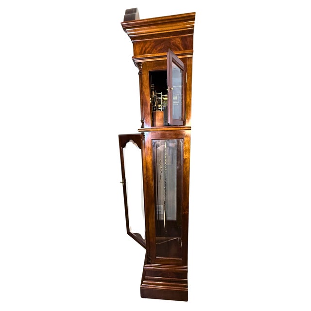 Chippendale **Sligh “Wilton” Grandfather Clock**Skeleton Dial, Triple Chime, Flame Mahogany**OBO** For Sale - Image 3 of 10