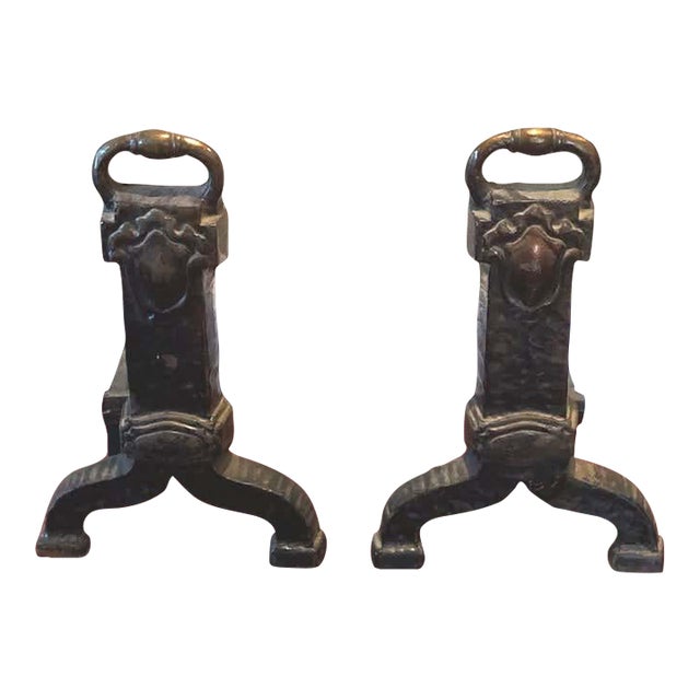 Antique Mission Arts Crafts Enameled Cast Iron Brass Industrial Hammered Fireplace Andiron Set For Sale