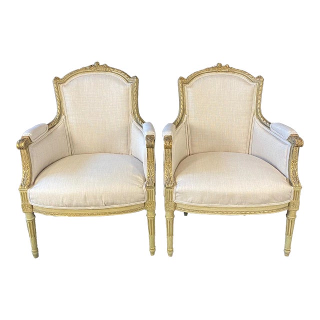 Carved Pair of Newly Upholstered Louis XVI Bergeres -A Pair For Sale
