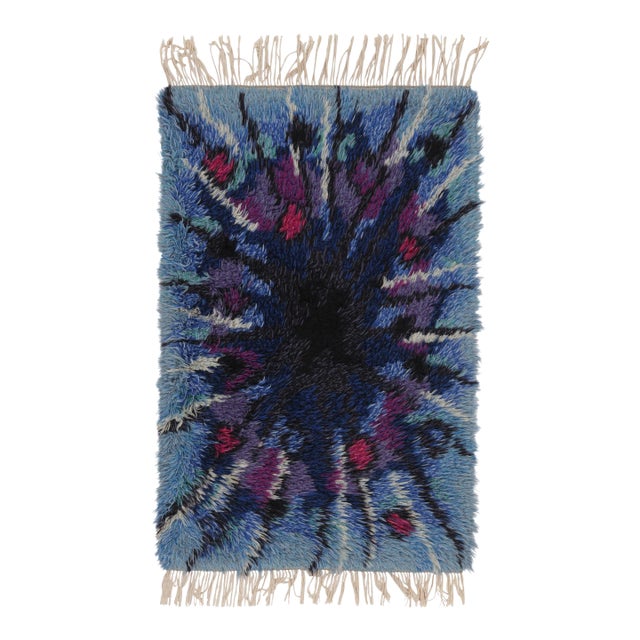 Vintage Swedish Rya Rug With Blue and Purple Abstract Pattern - Rug & Kilim For Sale