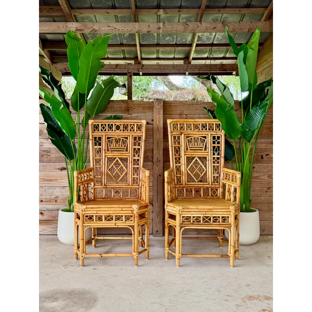 Pair Vintage Brighton Pavilion Style High-Back Fretwork Bamboo Rattan Armchairs For Sale - Image 12 of 12