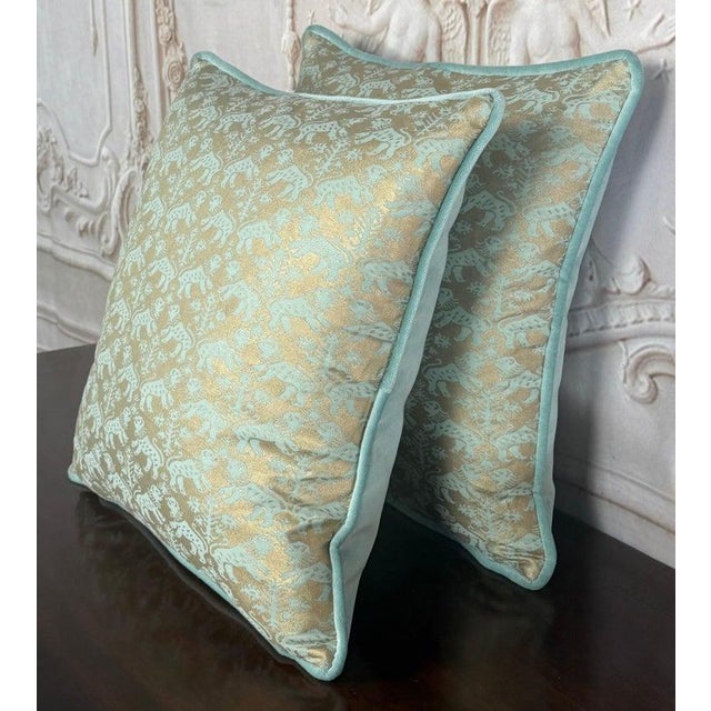 Early 21st Century Custom Fortuny Decorative Pillows in Gilt Gold & Aquamarine, Italy For Sale - Image 5 of 13
