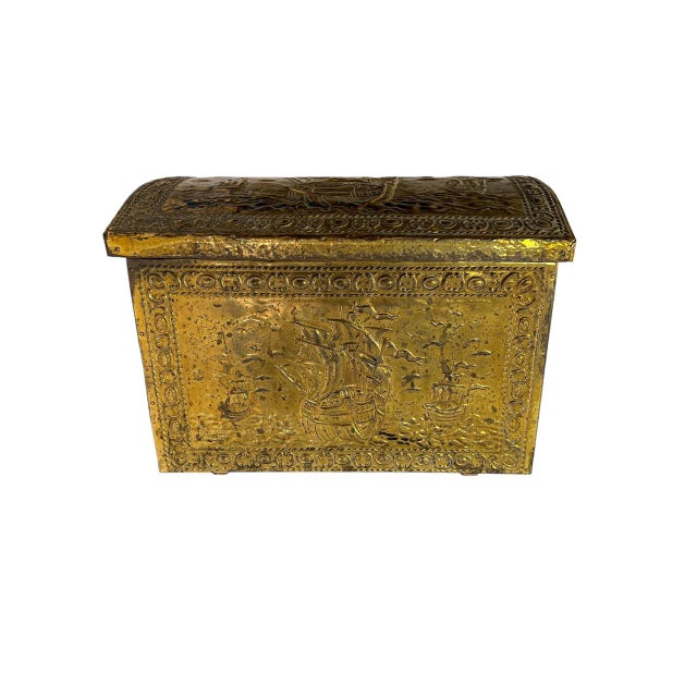 Ornament Embossed Brass Log Box with Nautical Scene, 1920s For Sale - Image 3 of 10