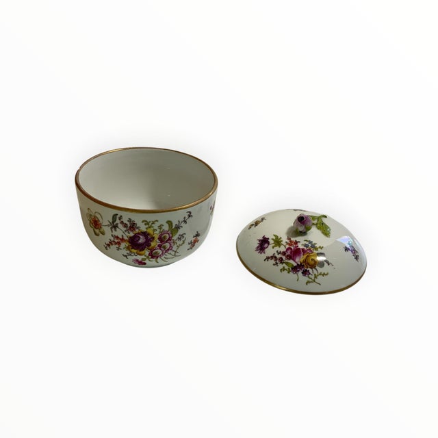 Ceramic Antique Meissen Chipped Porcelain Covered Sugar Bowl Floral Rosebud Seconds Mark Germany 1924-1934 For Sale - Image 7 of 7