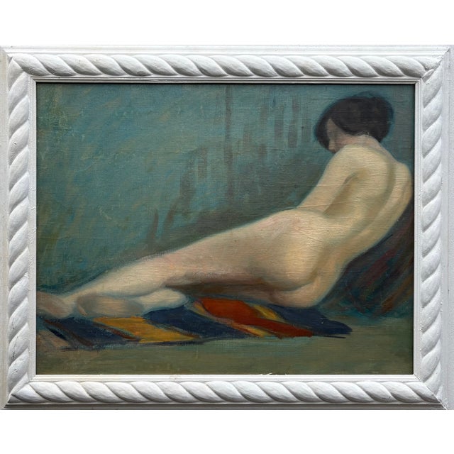 Large oil on canvas painting "Elongated Female Nude," early 20th century. The soft blue colors and attractive size make it...