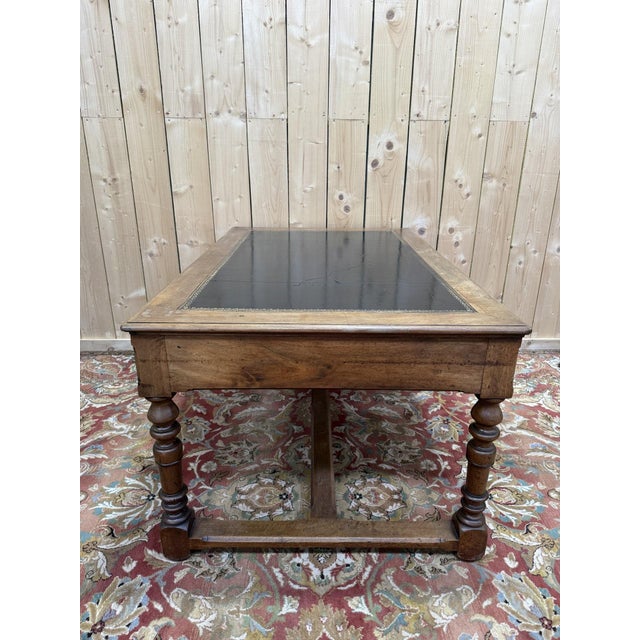 Wood Louis XIII Style Flat Desk in Walnut and Leather For Sale - Image 7 of 9