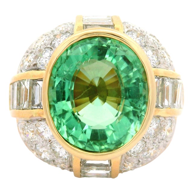 5.99 Carat Neon-Green Paraiba Tourmaline Diamond 18k Yellow Gold Ring, Aigs Cert, Size 5.75 For Sale