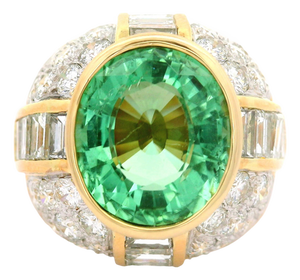 5.99 Carat Neon-Green Paraiba Tourmaline Diamond 18k Yellow Gold Ring, Aigs Cert, Size 5.75