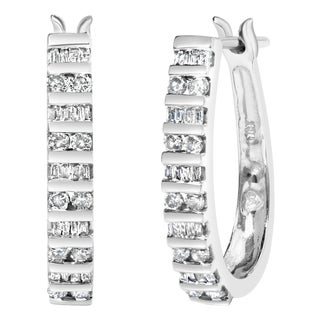 10K White Gold 1.0 Cttw Alternating Diamond "U" Hoop Earrings (I-J Color, I2-I3 Clarity) For Sale