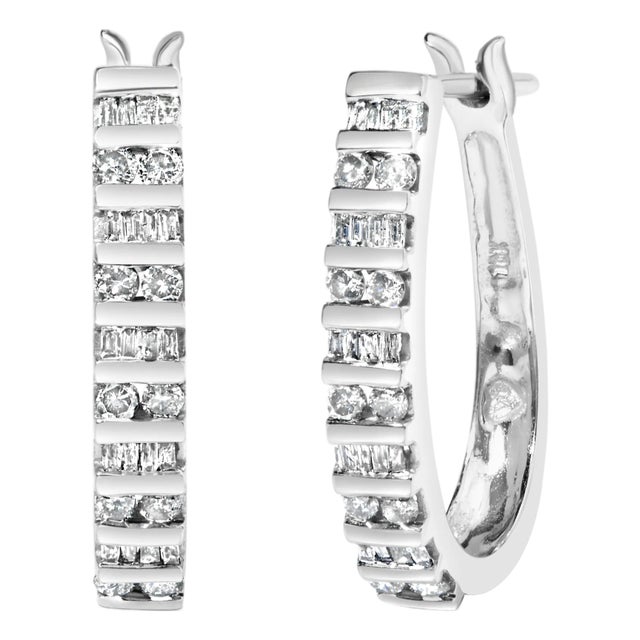 10K White Gold 1.0 Cttw Alternating Diamond "U" Hoop Earrings (I-J Color, I2-I3 Clarity) For Sale