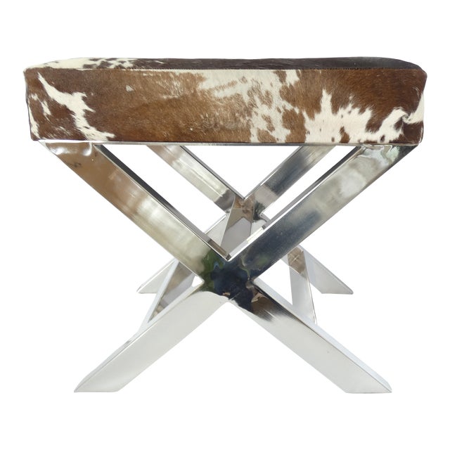 Steel and Cowhide Footstool For Sale