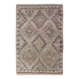 Vintage Turkish Kars Kilim in Soft Taupe, Sage Green, Sand, and Warm Cocoa For Sale